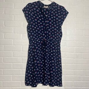 LOFT Dress Navy Floral Ruffled Neck Drawstring Waist Short Sleeve Boho Chic MED